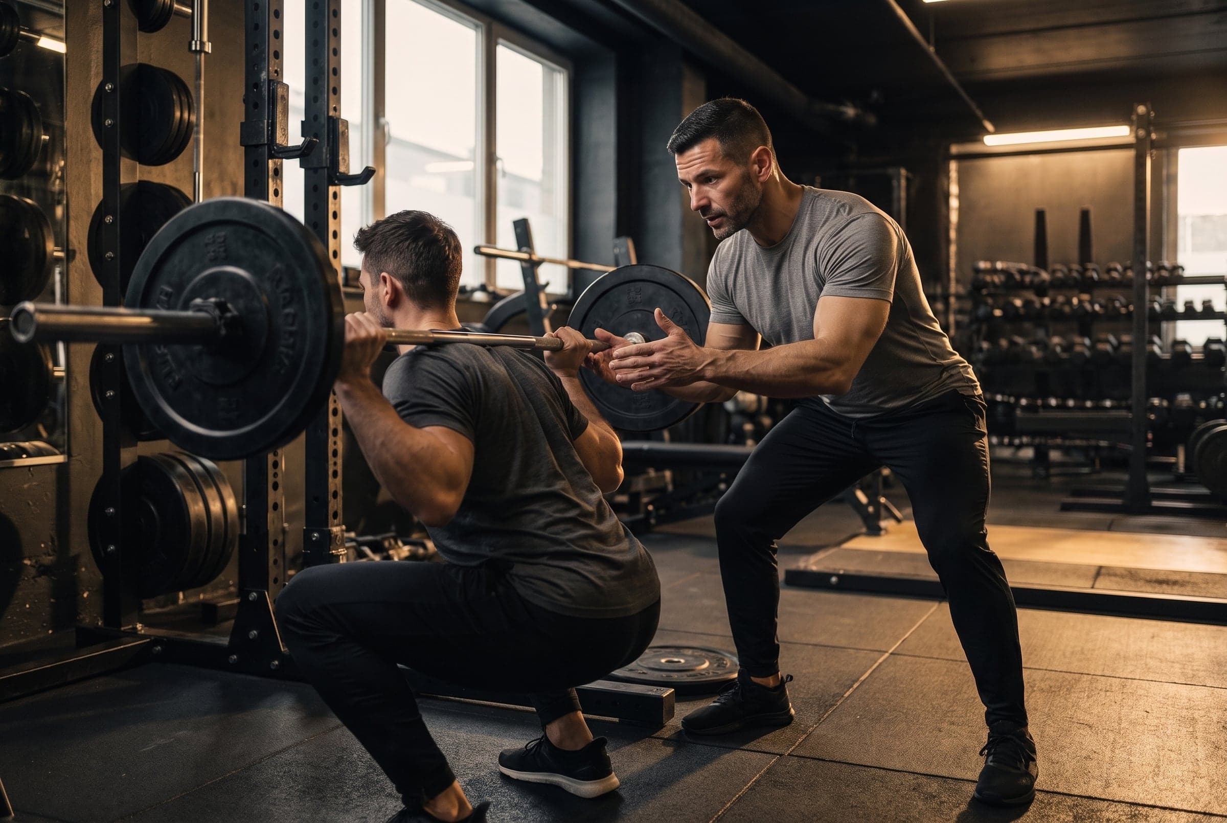 Coach spotting a client through a barbell squat in the gym